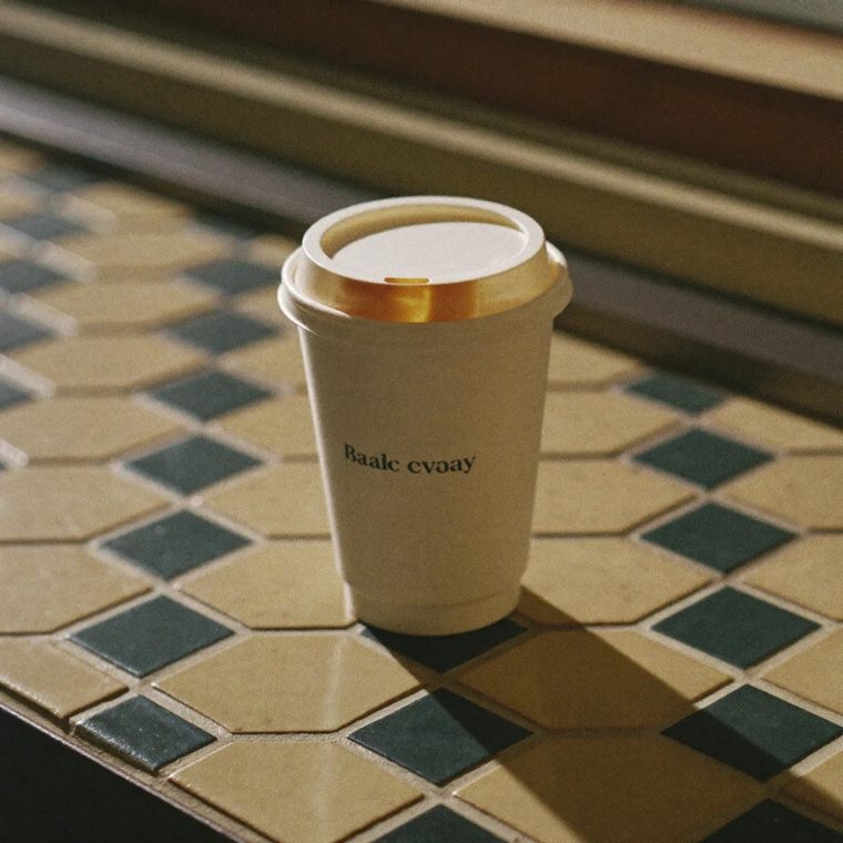 A takeaway coffee in a plain cup on the counter